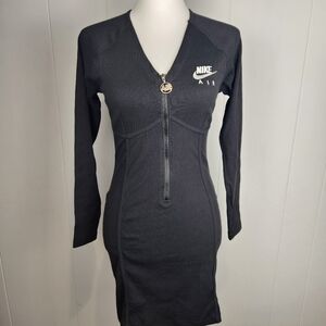 Nike Air Bodycon Mini Dress Ribbed Black Womens Medium Zip V-Neck Tight Stretch